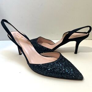 Kate Spade JEANETTE Blue Glitter Slingback Kitten Heels Made in Italy 9B